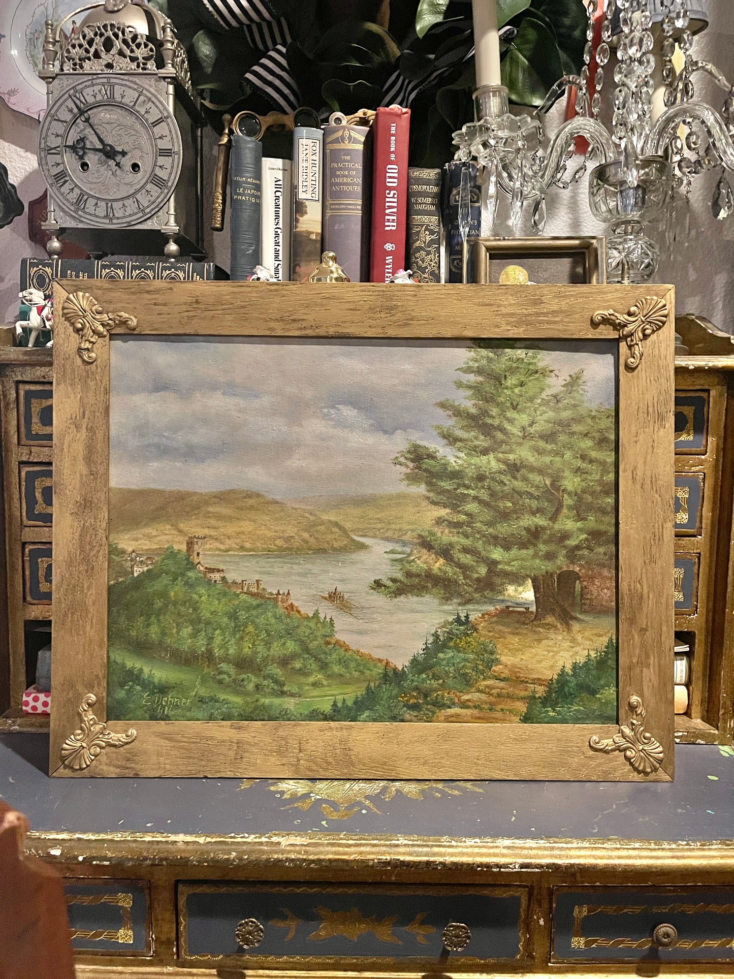 Original Antique Painting of the Rhine River in the Swiss Alps #2, Signed, Framed