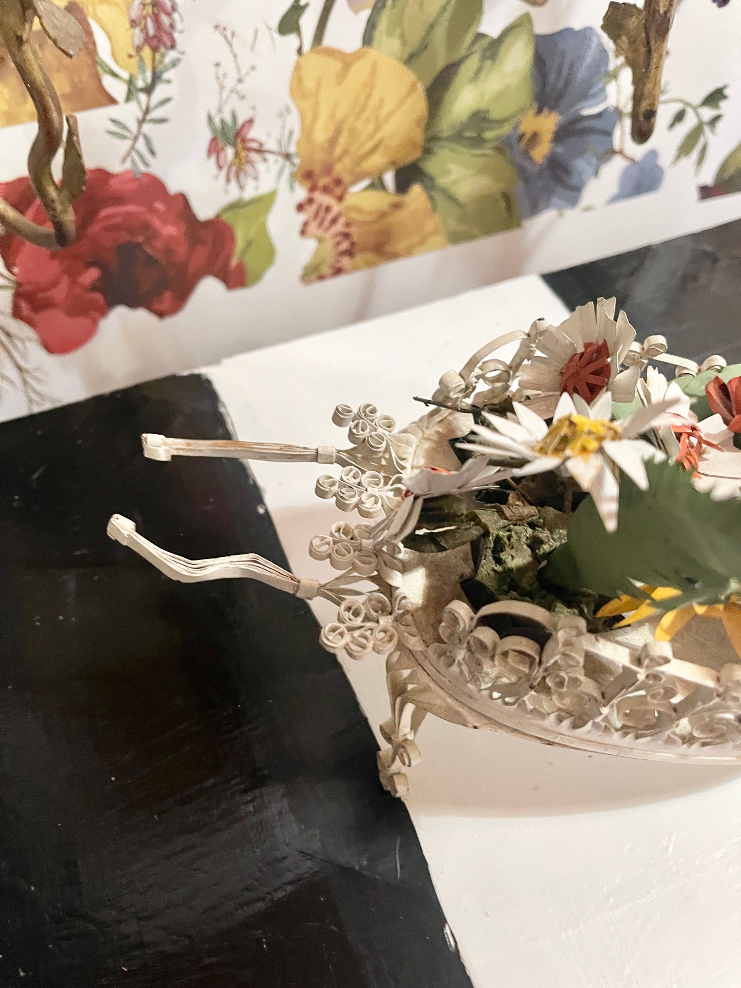 Vintage Tole Wheelbarrow with Flowers and Frawns