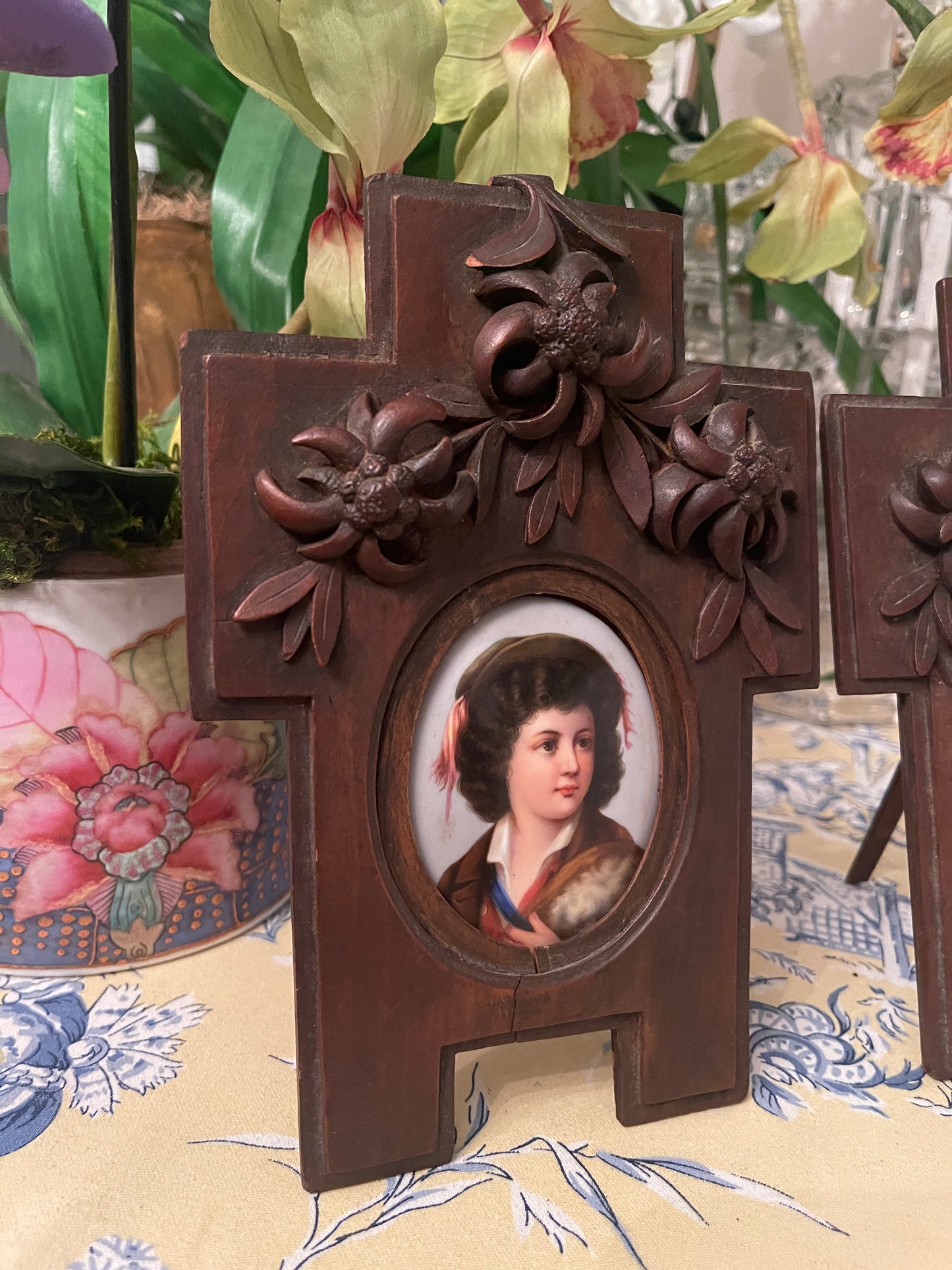Pair of Antique Porcelain Portraits, Ornate German Black Forest Wood Frame, Black Forest Wood Carved Frame German Antique