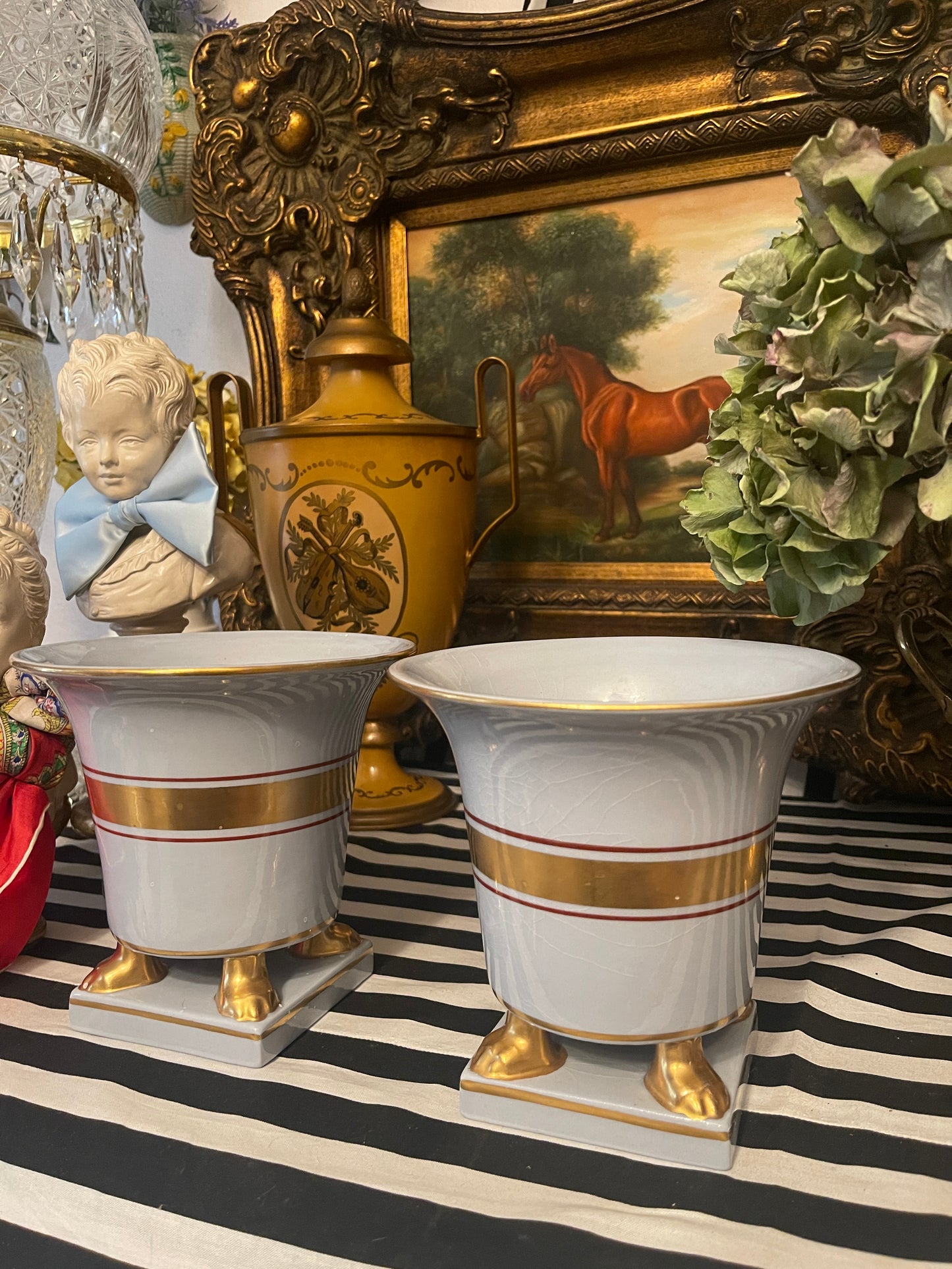 Porcelain Empire Footed Urns, Gilt Detail, Pair, Vintage