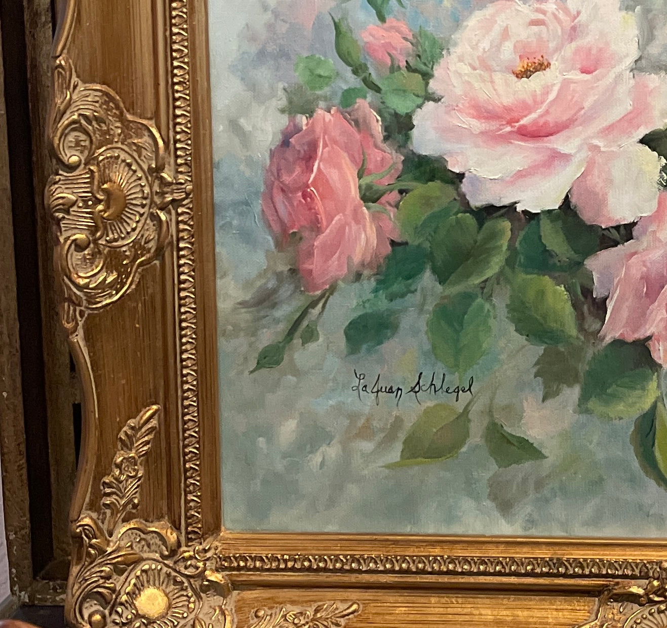 Vintage Rose Painting, Cottage Style, Artist Signed, Ornately Framed