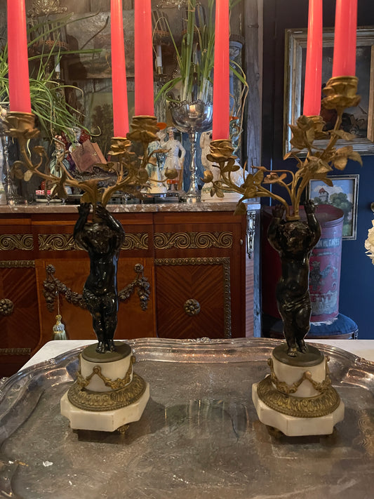 French Louis XVI Style Gilt & Patinated Bronze Putti Candelabra, 19th Century | Pair | Marble & Bronze