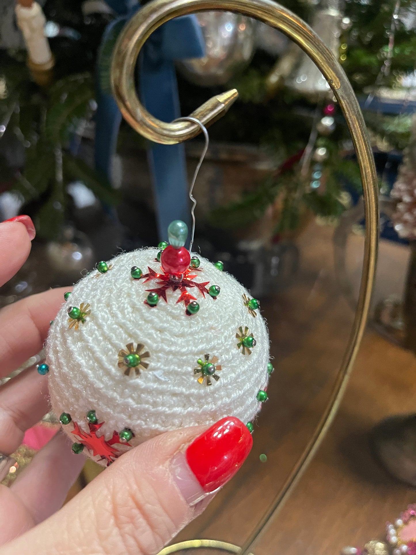 White with Red Snowflakes Knit Push Pin Christmas Ornament, Vintage