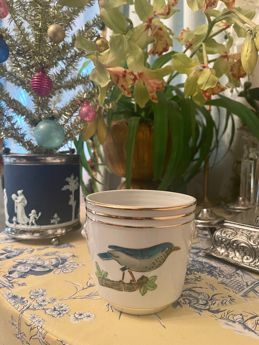 Vintage Cachepot with a Blue Bird and Berries, Gold Detail