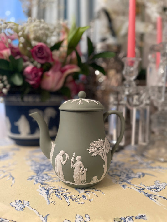 Wedgwood Cream on Sage Jasperware Coffee Pot with Lid, Vintage