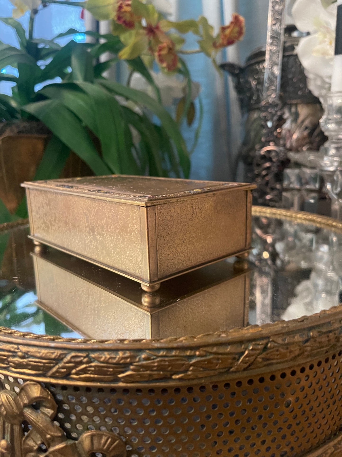 Antique Louis C Tiffany Furnaces Gold Dore’ Bronze Casket with Glass Inlay and Original Insert, Fantastic Estate Decor