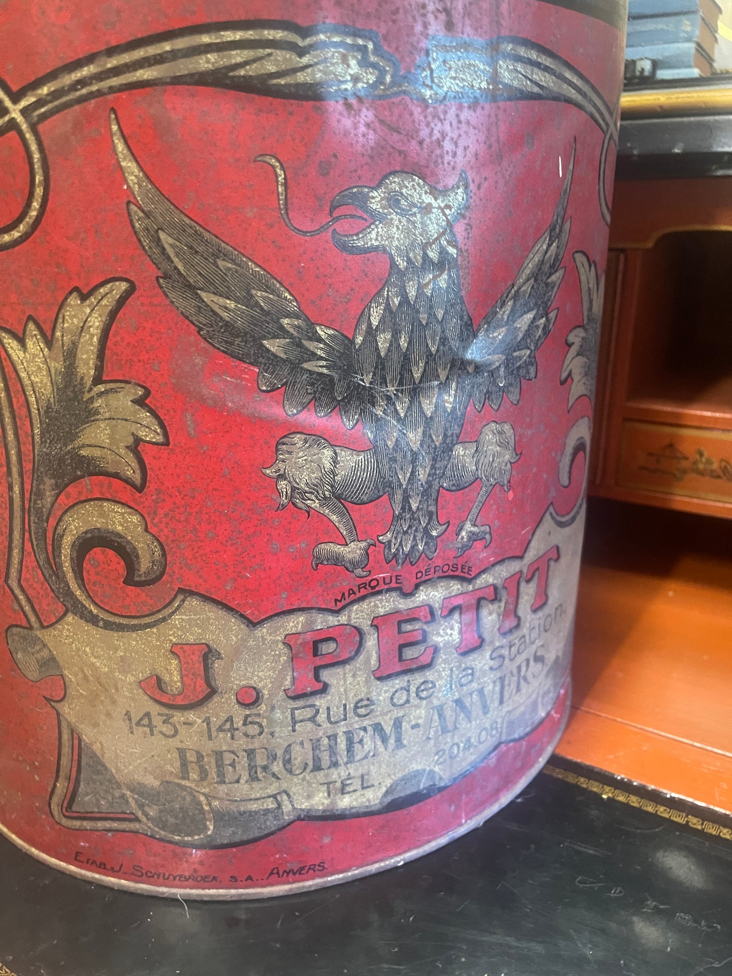 Large Antique French Coffee Tin – J. Petit “Torréfaction de Cafés” Advertising Canister from Antwerp, c. 1900