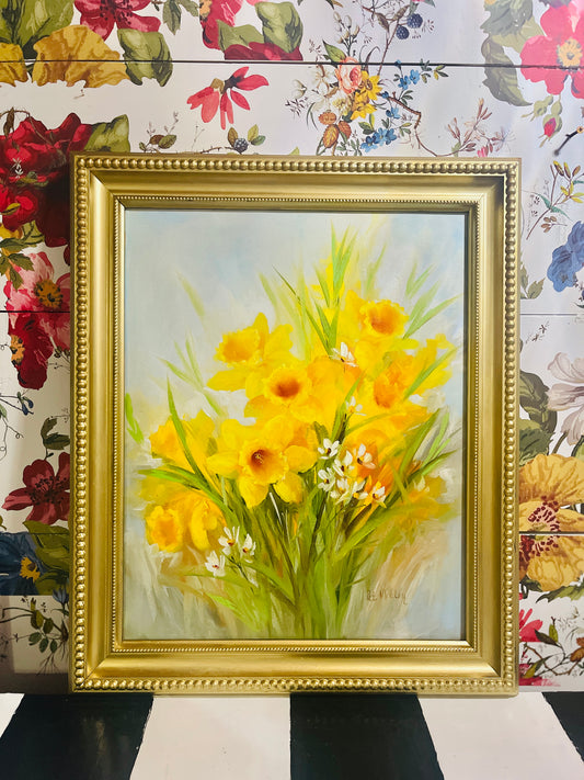 Daffodils and Paperwhites Oil Painting, Original Estate Art, Vintage, Artist Signed