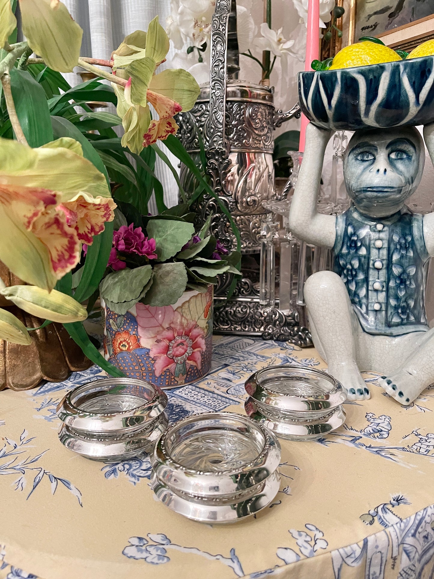 Vintage Sterling Silver and Crystal Georgian Bead by Amston Coaster Set, Set of Six, Southern Estate Decor