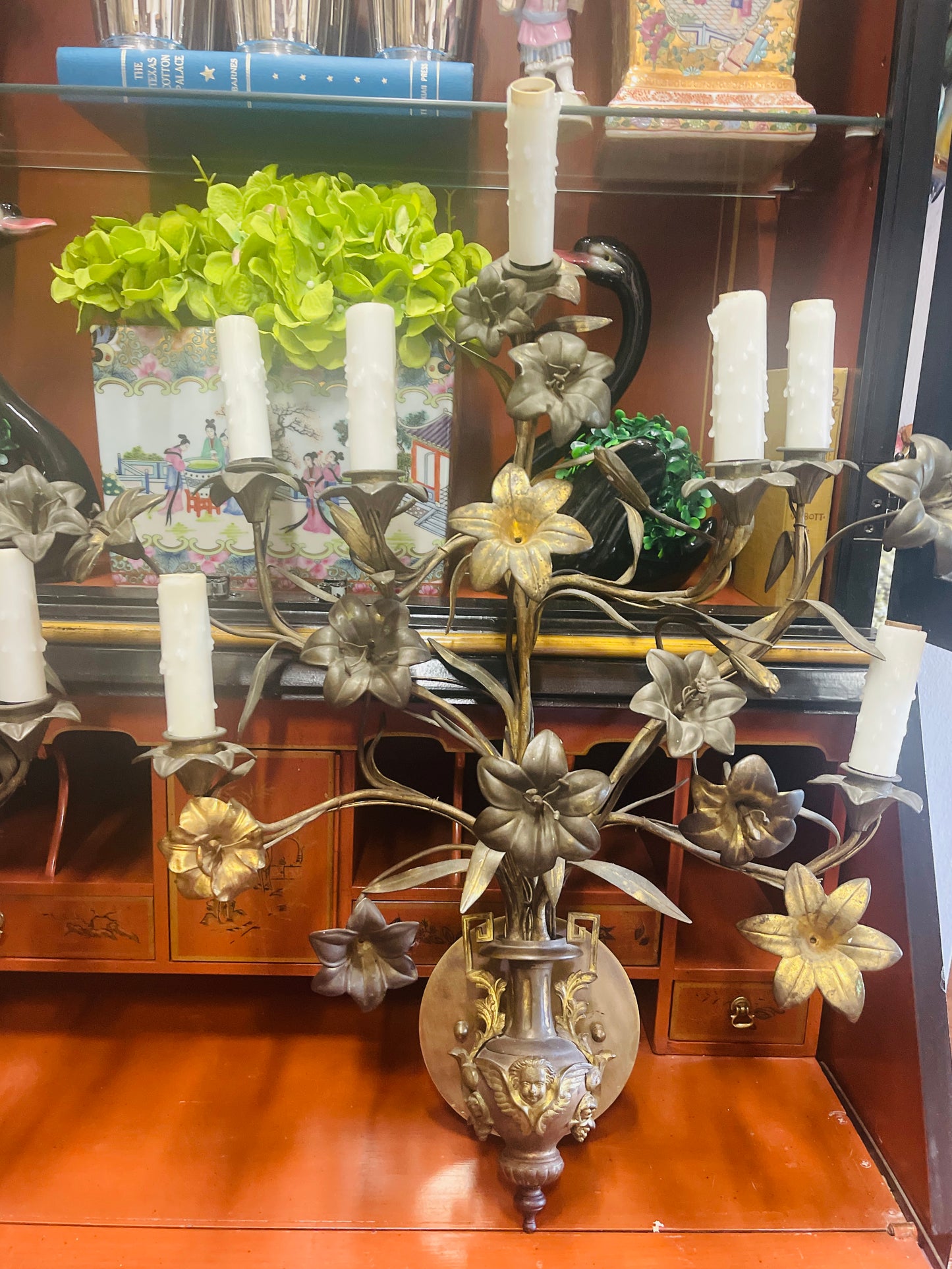 Late 19th Century French Bronze Candelabra Style Wall Sconces, Cheub Urns