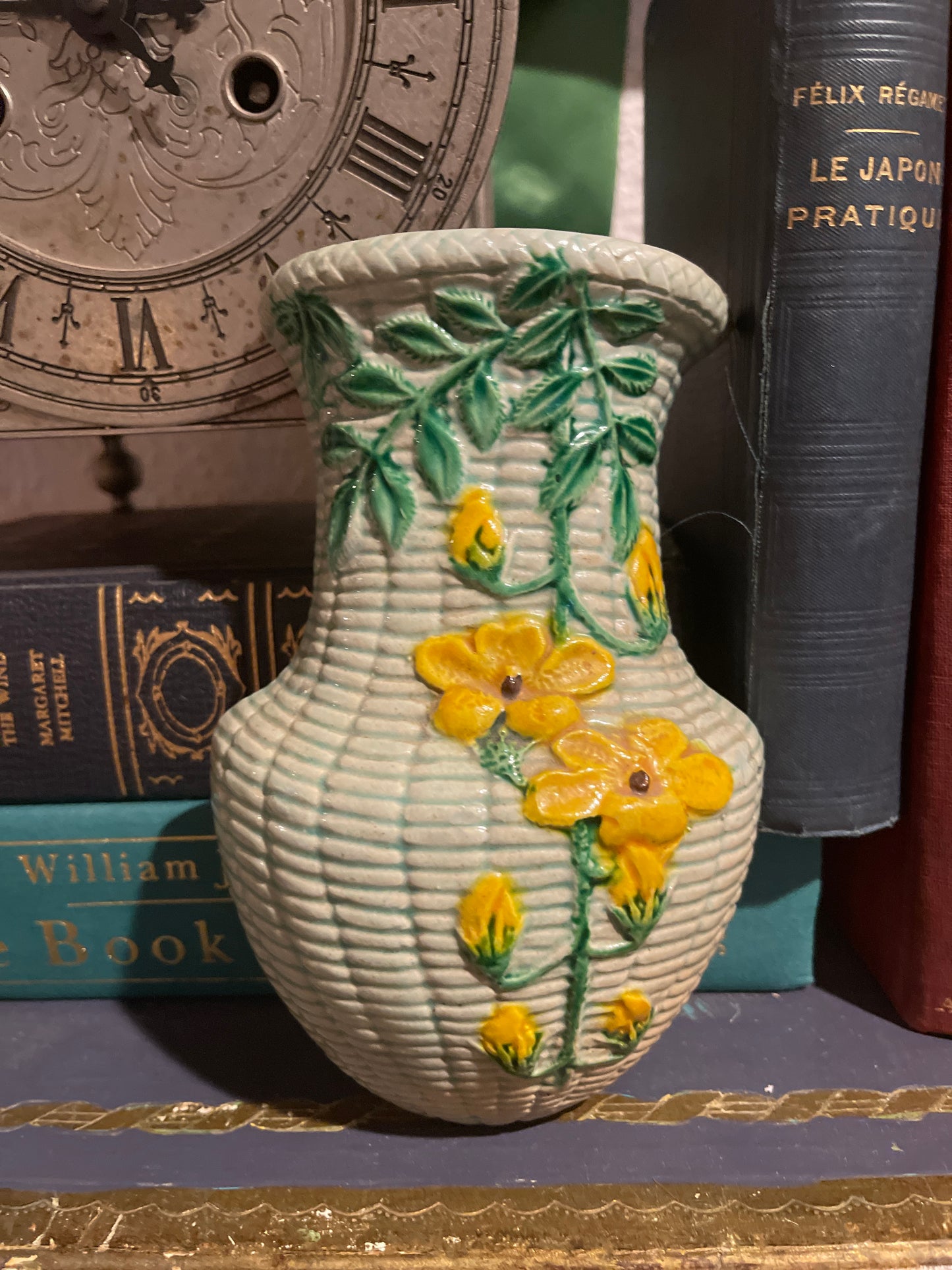 Vintage Chinoiserie ‘Rattan Basket’ Wall Pocket with Yellow Flowers and Green Vines and Leaves, Made in Japan