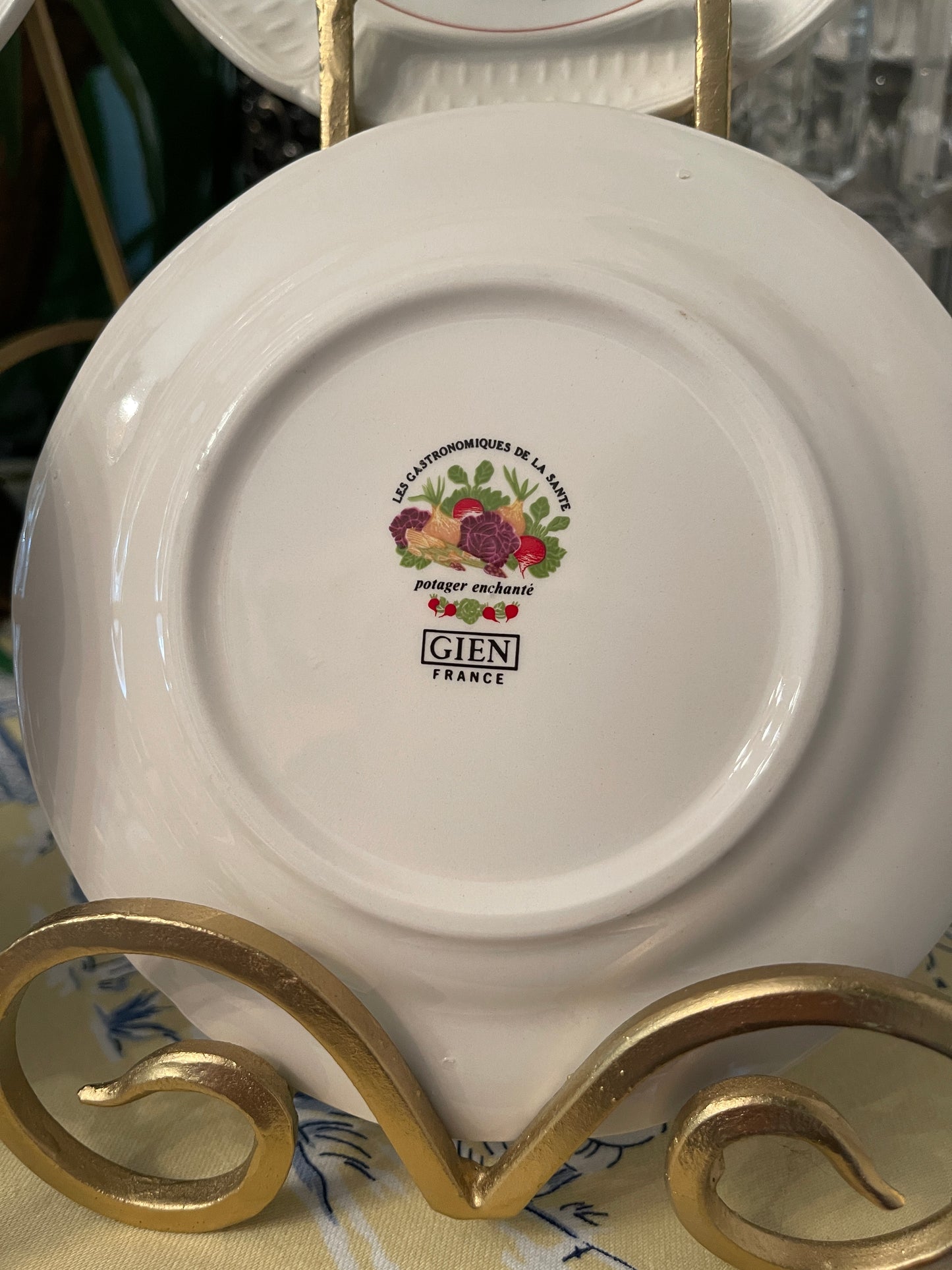Set of 4 Les Gastronomiques De La Sante Potager Enchante Canapes Plates by Gien France, Les Radis, Le Mais, L’Asperge, and Les Carottes