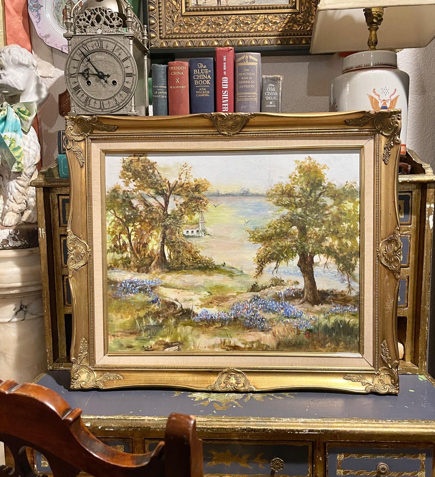 White Country Church in a field of Bluebonnets, Vintage Painting, Gold Frame