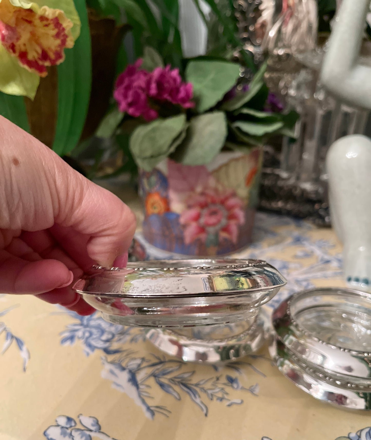 Vintage Sterling Silver and Crystal Georgian Bead by Amston Coaster Set, Set of Six, Southern Estate Decor