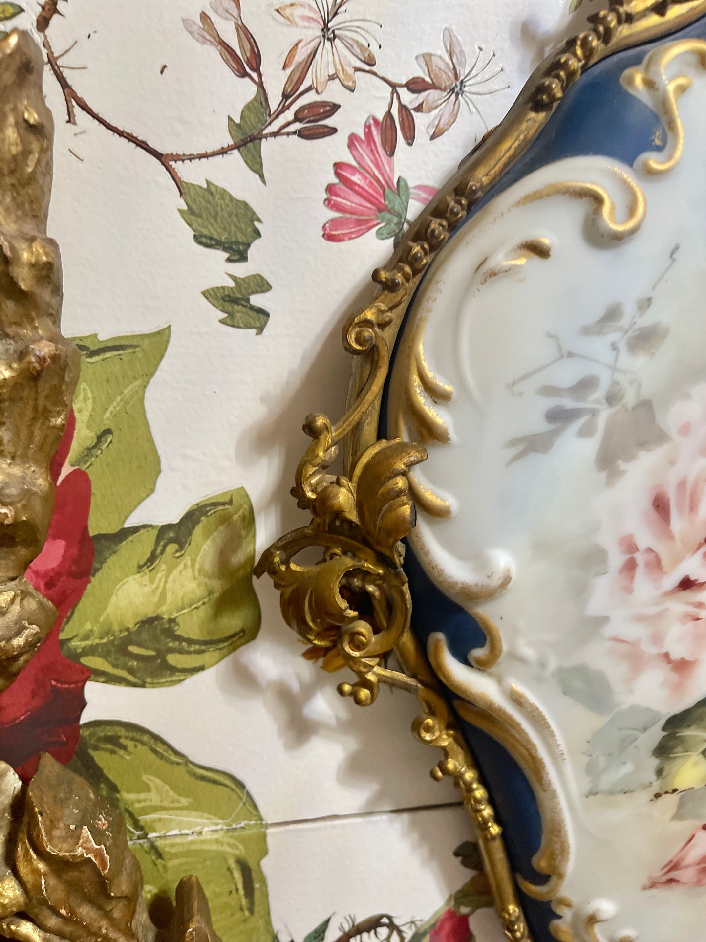 Antique Wave Crest Porcelain Plaque, Pink Roses on Opaque White with Gold Rococo Scrolled Metal Border