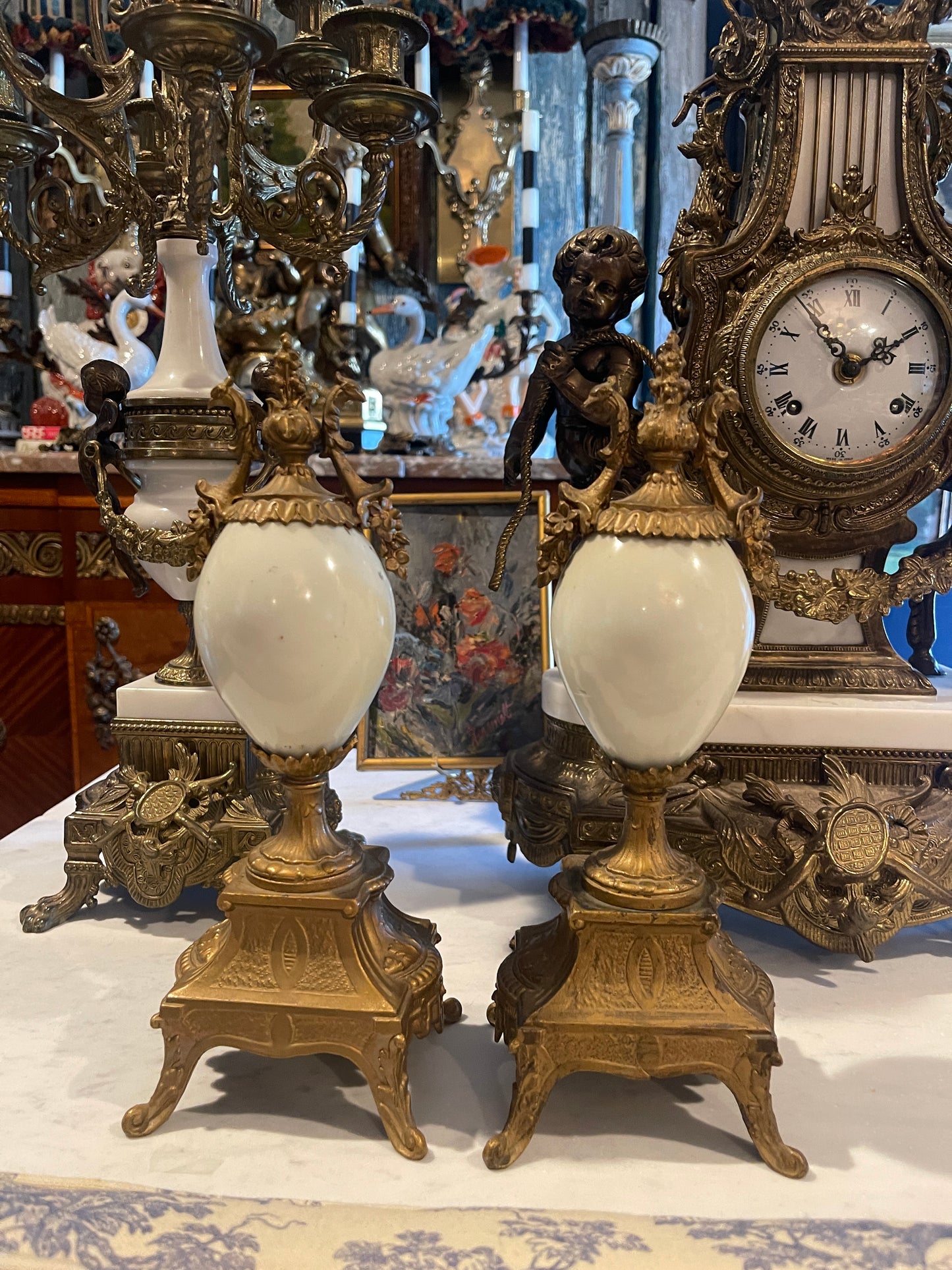 Antique French Sevres-Style Garniture Statues — 19th-Century Hand-Painted Porcelain with Ormolu Mounts