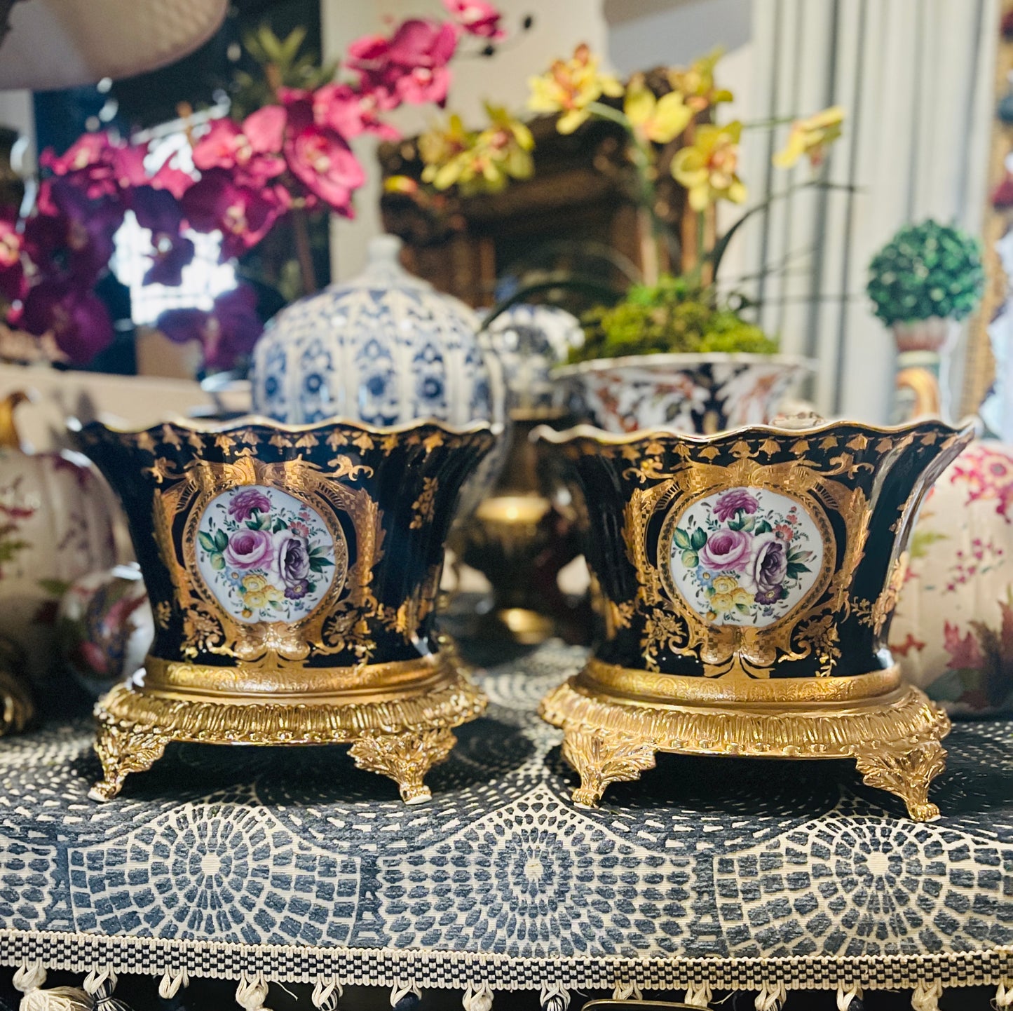 Vintage Cobalt Blue and Gilt French Bouquet Jardiniere