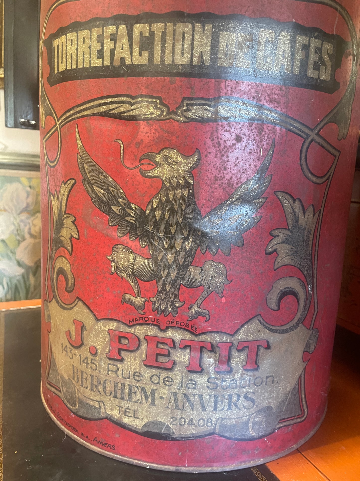 Large Antique French Coffee Tin – J. Petit “Torréfaction de Cafés” Advertising Canister from Antwerp, c. 1900