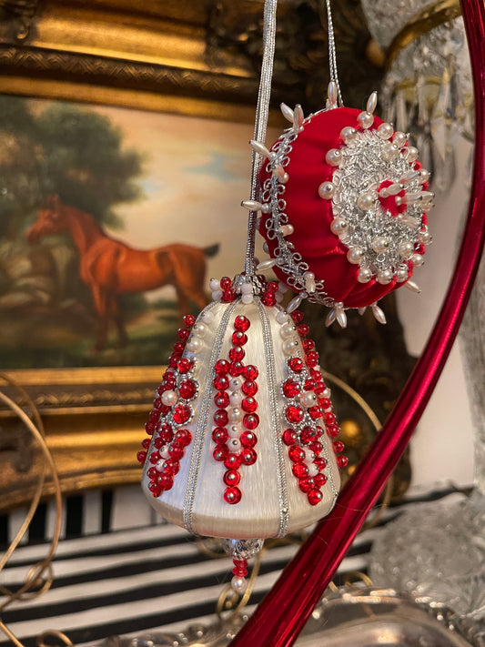 Red Velvet, Pearl and Silver Push Pin Christmas Ornaments, Set of 2