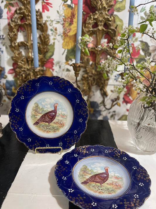Antique Flow Blue La Belle 10” Turkey Plate, 2 Available