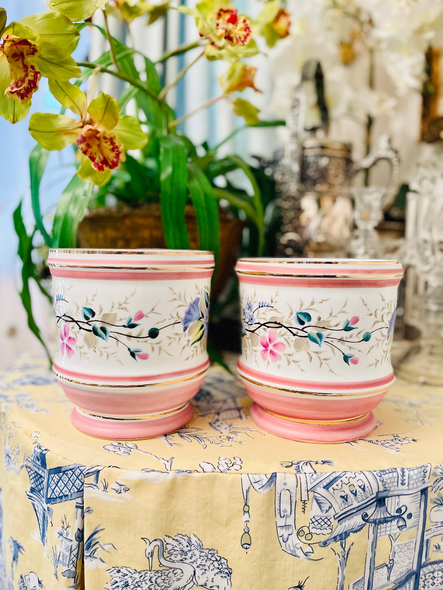 Vintage Porcelain Jardiniere, Pink and White with Hand Painted Flowers and Gilt Detail, Made in Germany, Estate Decor