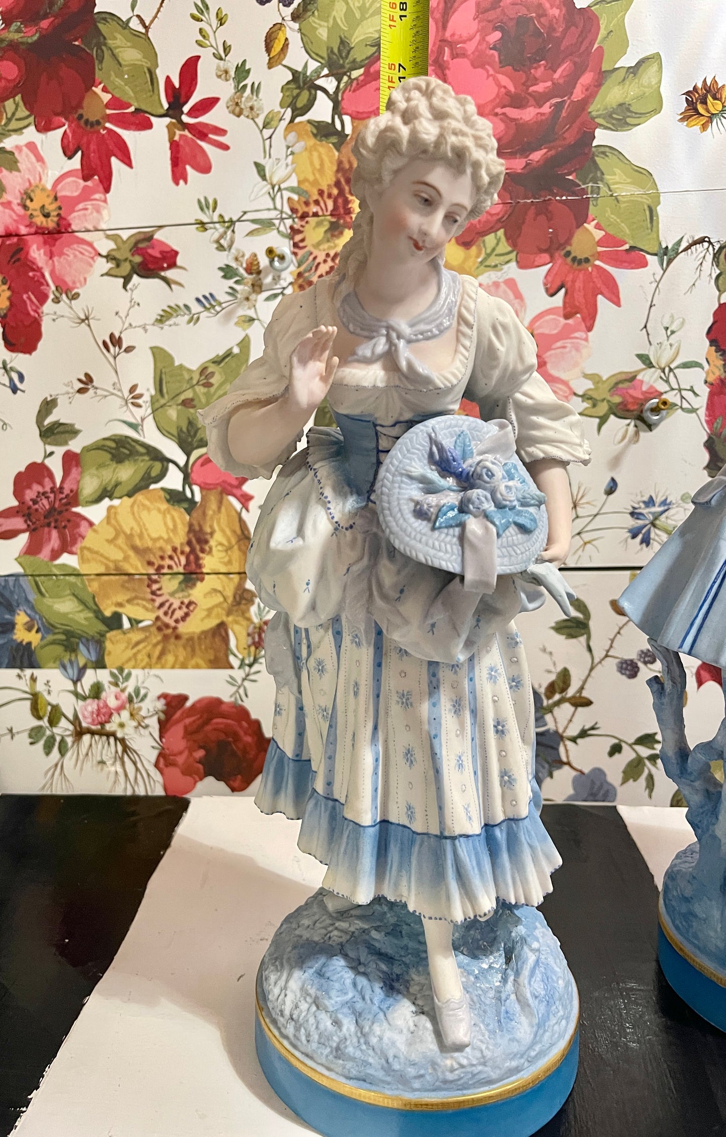 Blue and White French Figural Porcelain Statuettes, European Porcelain Bisque, Hand Painted