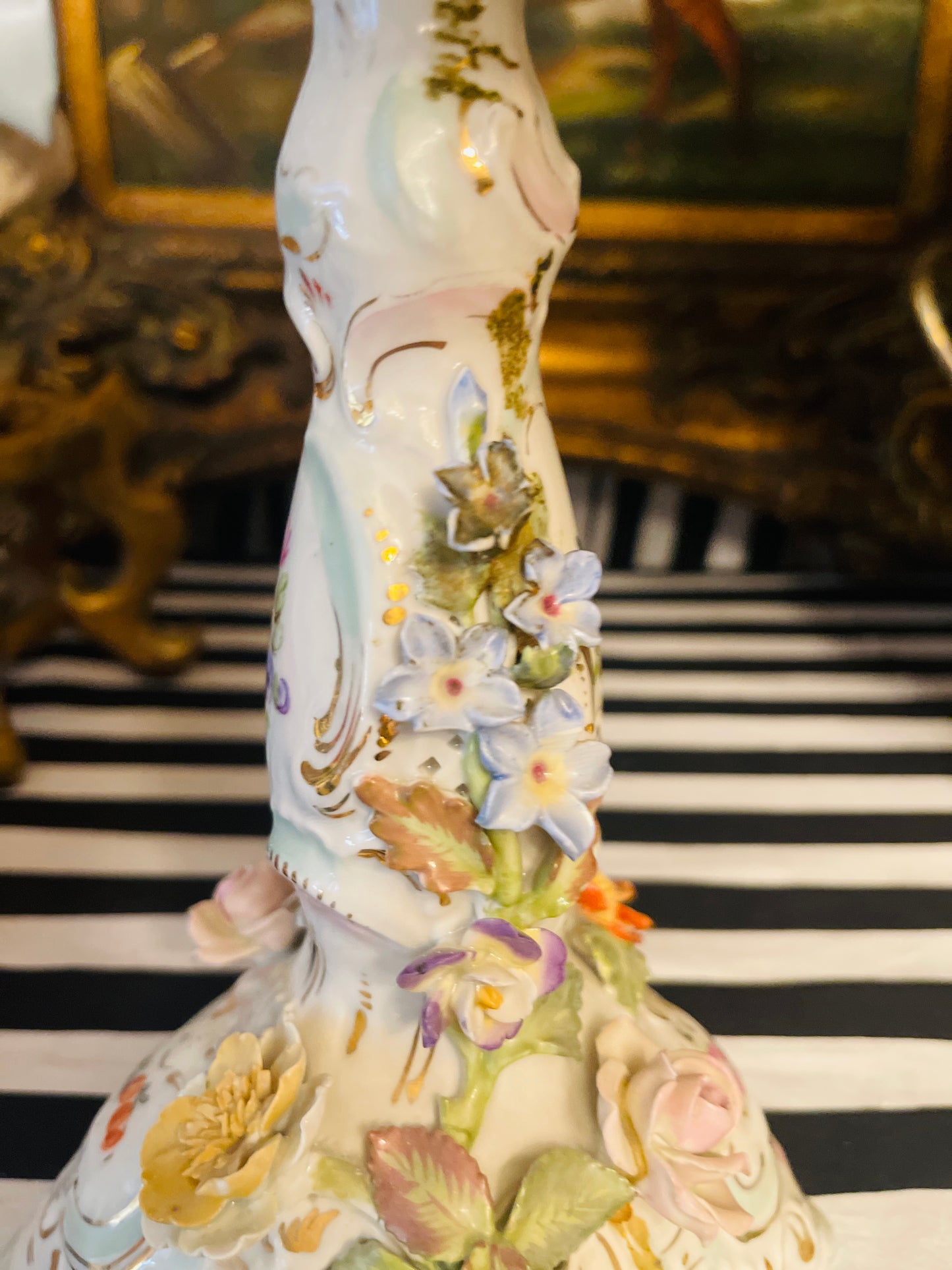 Antique Dresden Footed Reticulated Baroque Compote, Hand Painted Pink Bows and Applied Flowers