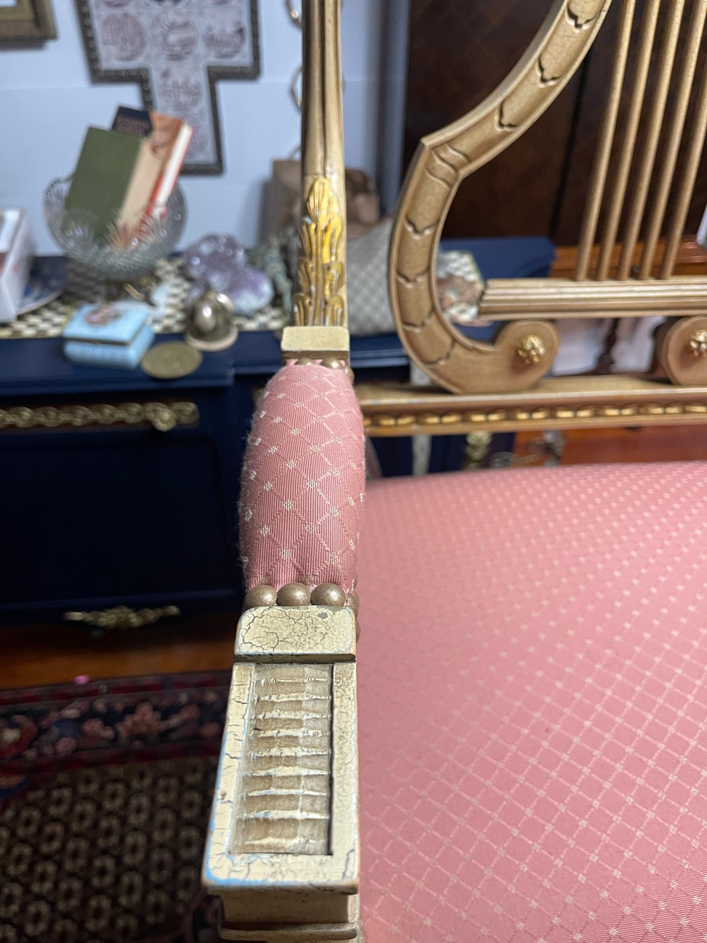 Antique Neoclassical Lyre Back Settee – Gilt Detailing & Blush Upholstery