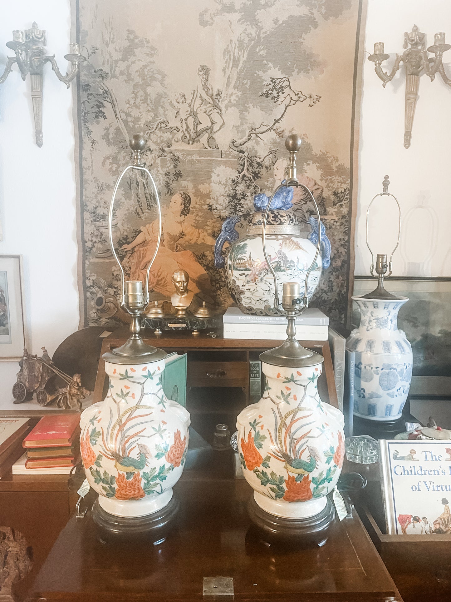 Pair of Chinoiserie Lamps, Vintage Chinese Porcelain