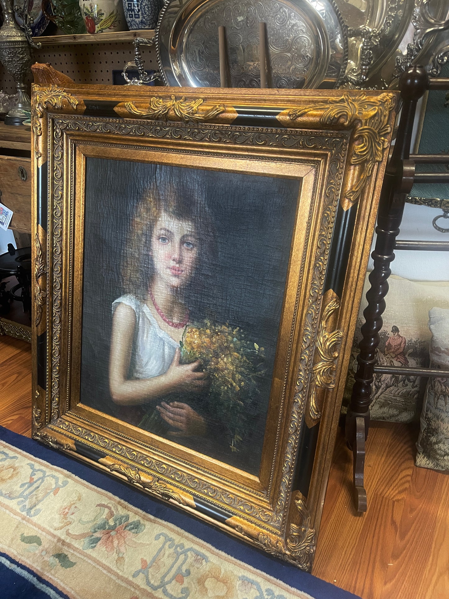 Oil Painting Homage to Alexei Alexeevich Harlamoff’s (1840-1925) PORTRAIT OF A GIRL HOLDING FLOWERS