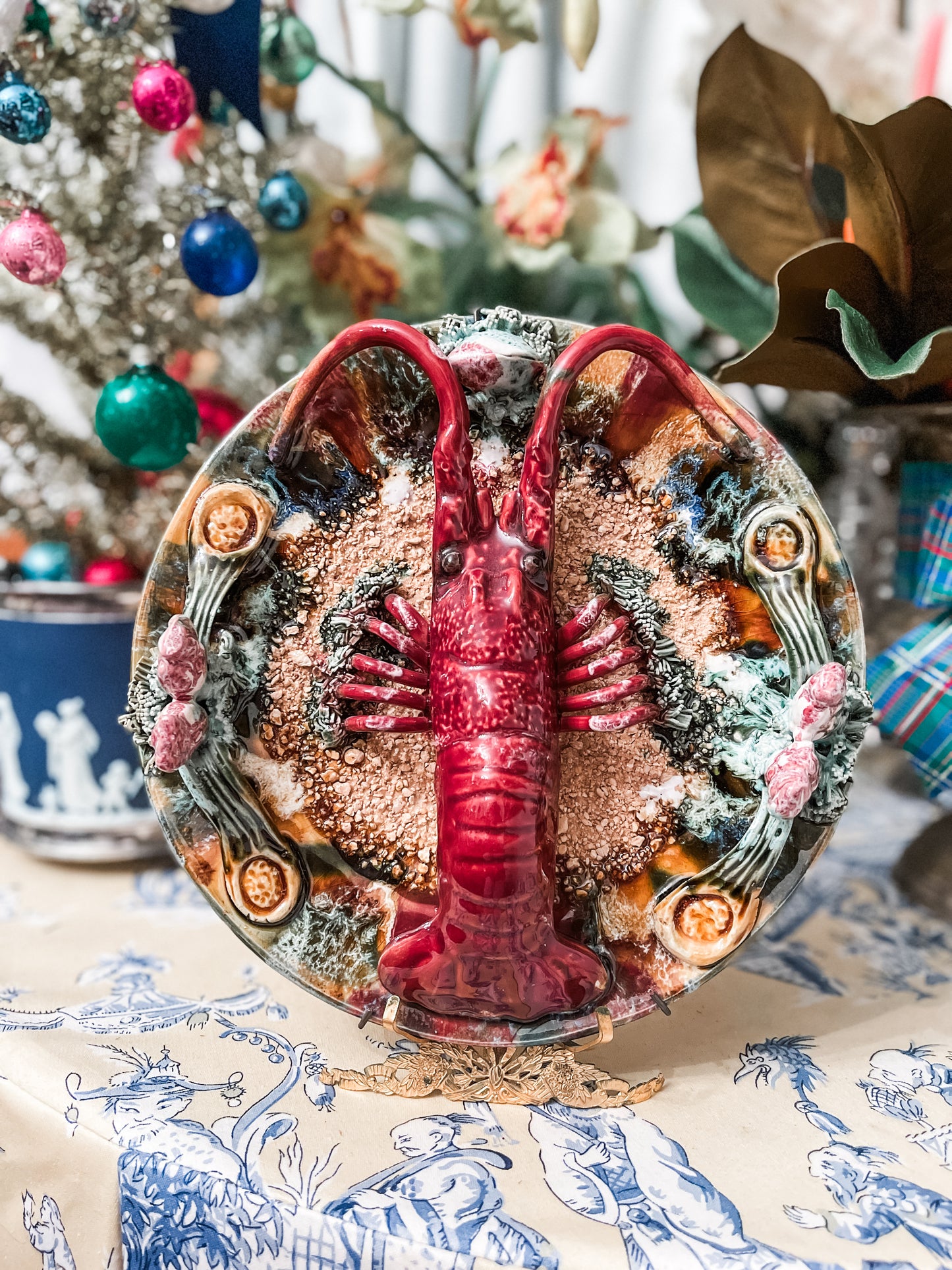 Vintage Majolica Palissy Style Lobster Plate, Estate Decor