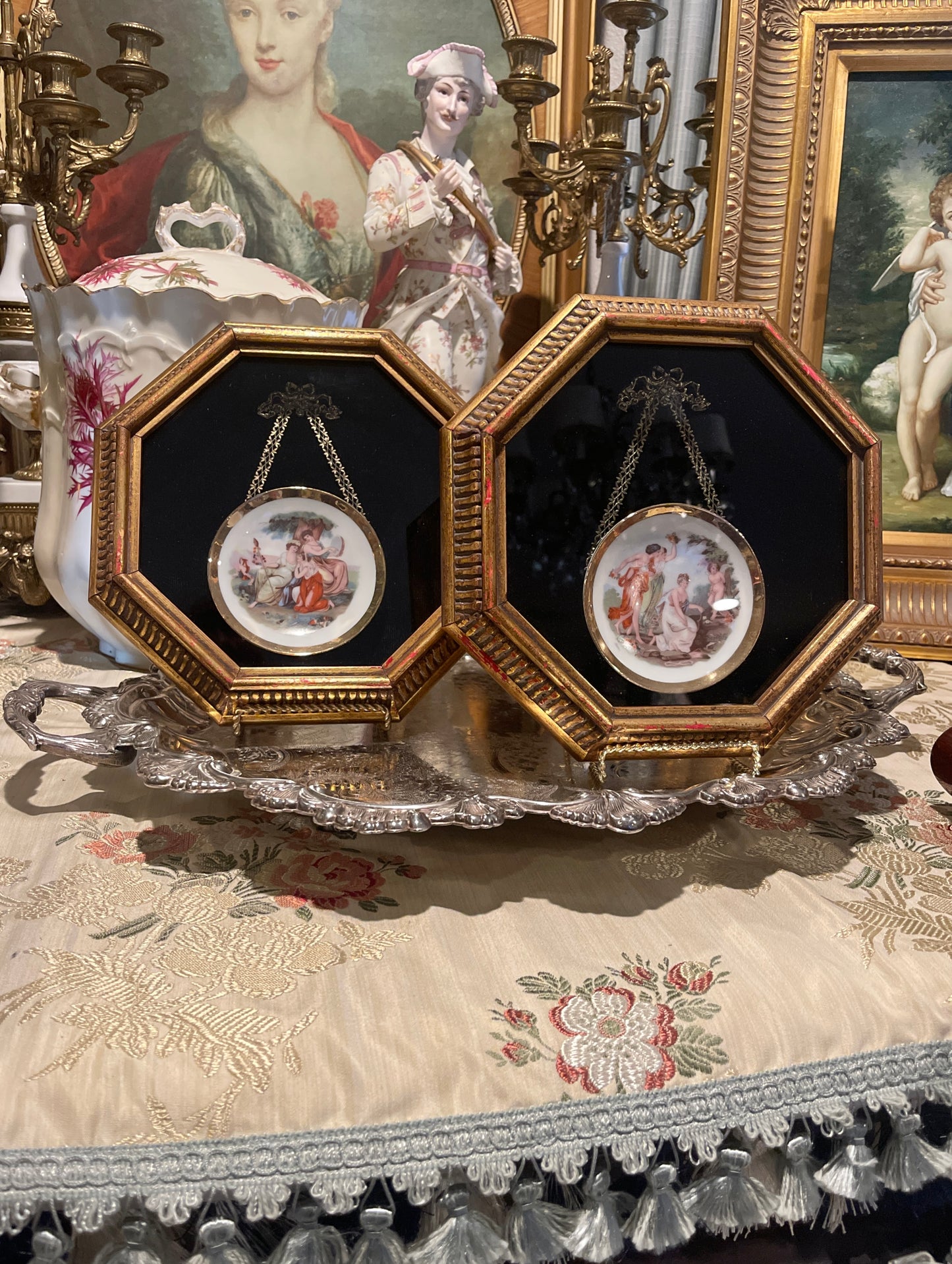 Framed French Victorian Plates with Filigree Tole Bows, Pair, Vintage