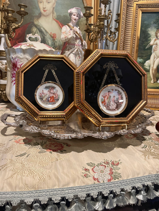 Framed French Victorian Plates with Filigree Tole Bows, Pair, Vintage