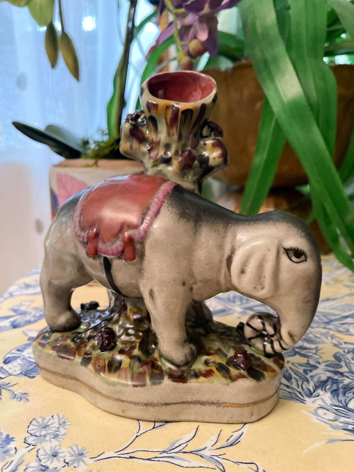 Pair of Staffordshire Style Elephant Spill Vases, Mirrored Pair, Vintage
