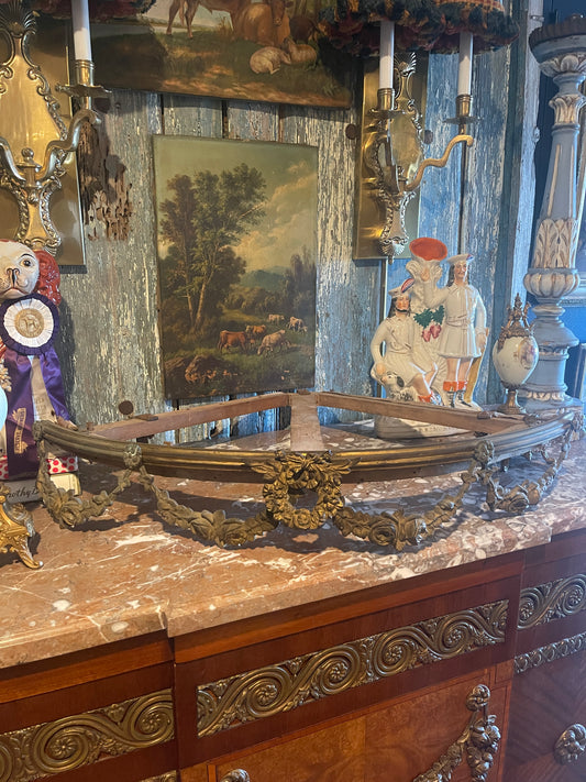 Antique French Bronze Crown Corner Mount with Floral Garland & Ribbon Detail – 19th Century Ormolu Architectural Salvage, Château-Style Decor Accent