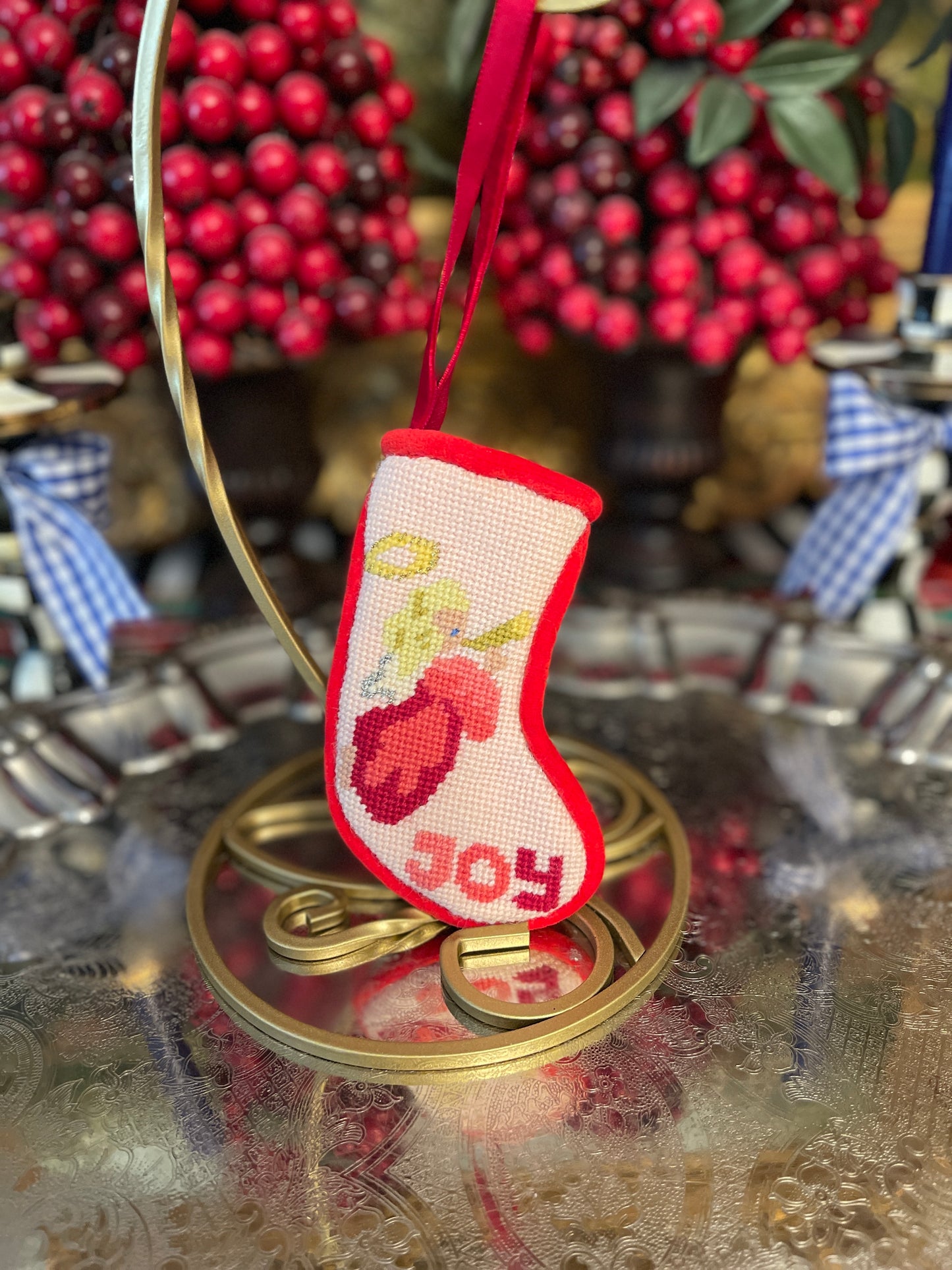 Vintage Needlepoint Stocking with an Angel and Joy, Christmas Ornament