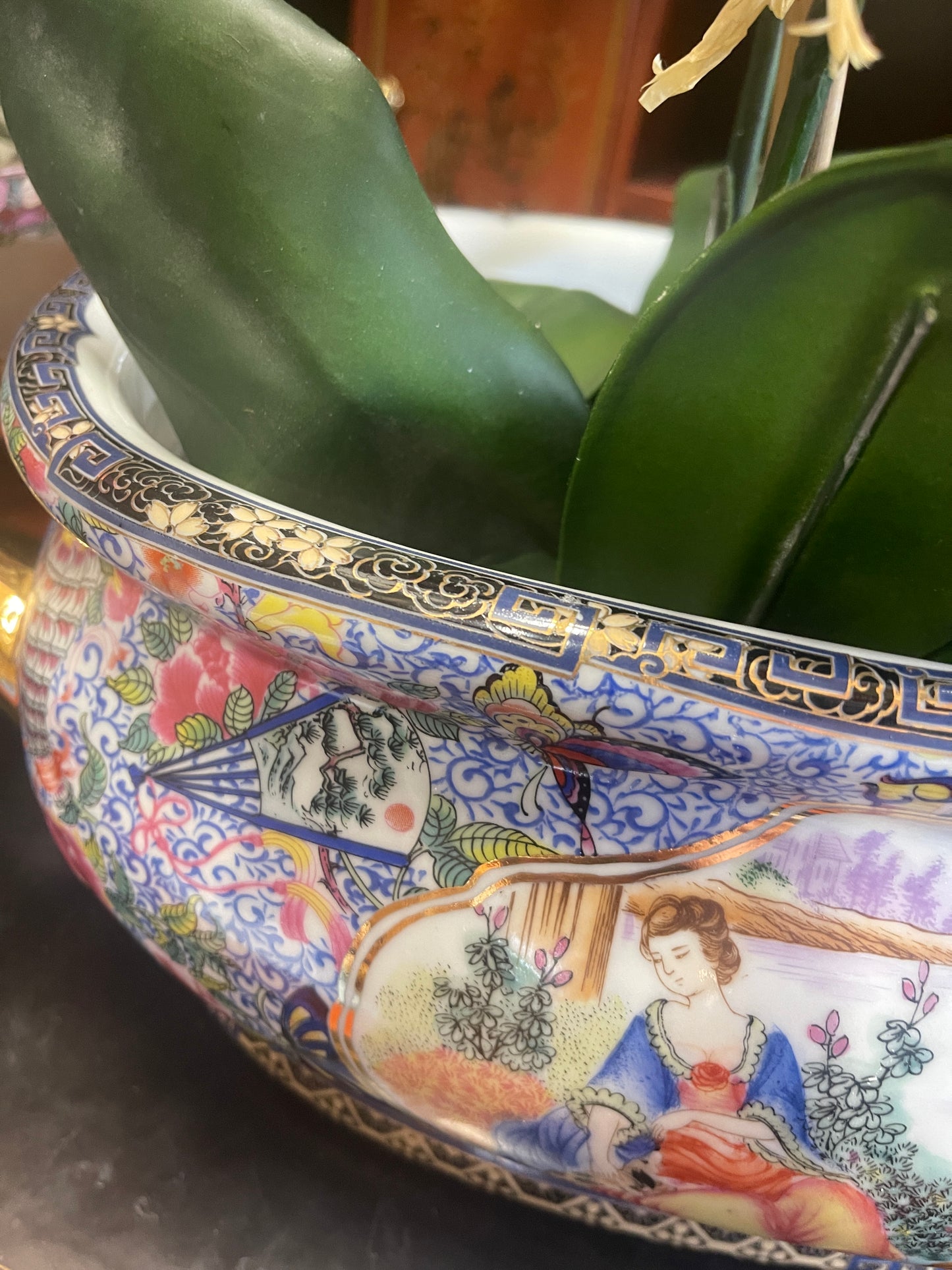 Vintage French Courting Scene Footbath, Vibrant Chinoiserie Detail