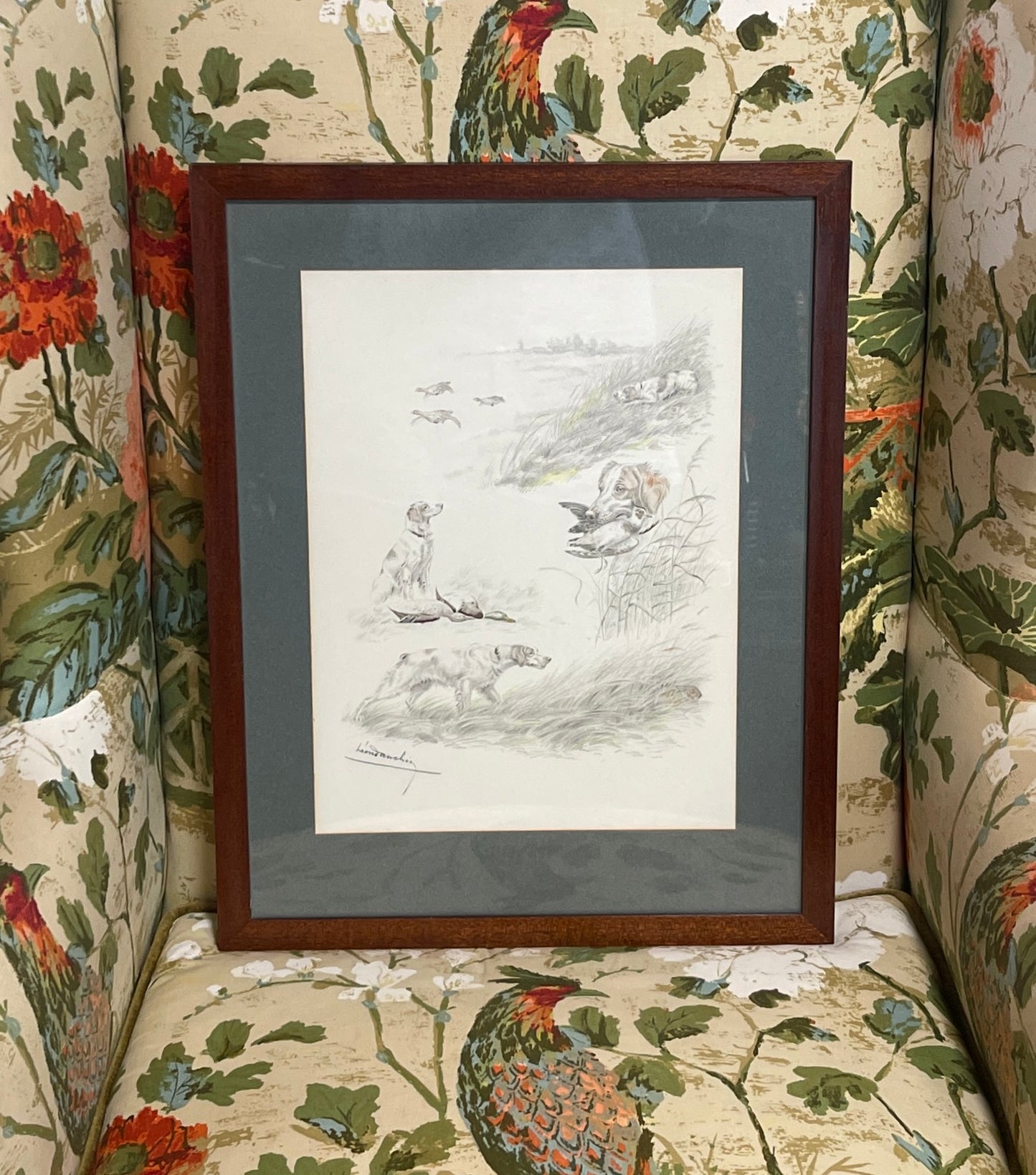 Lovely Léon Danchin (1887-1938) "Irish Setters Hunting" Etching, Hand Colored and Signed