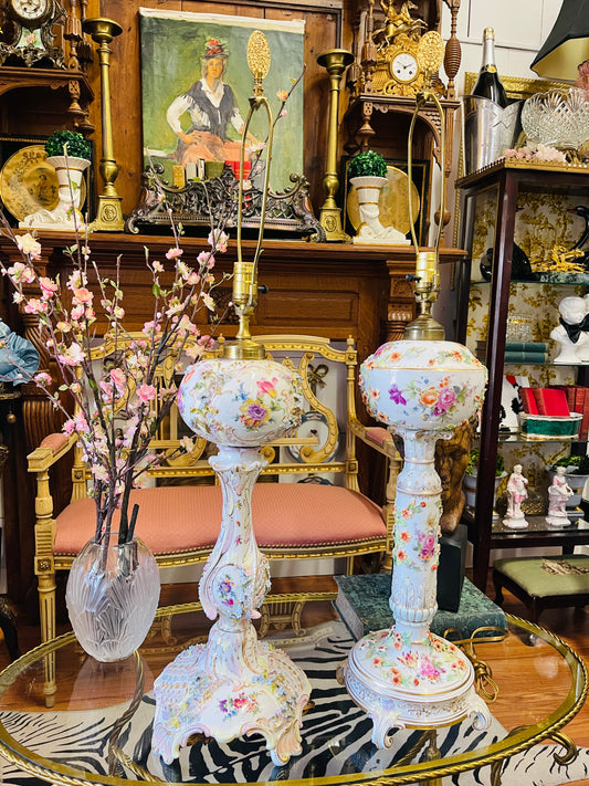 Pair of Monumental Vintage Porcelain Floral Lamps