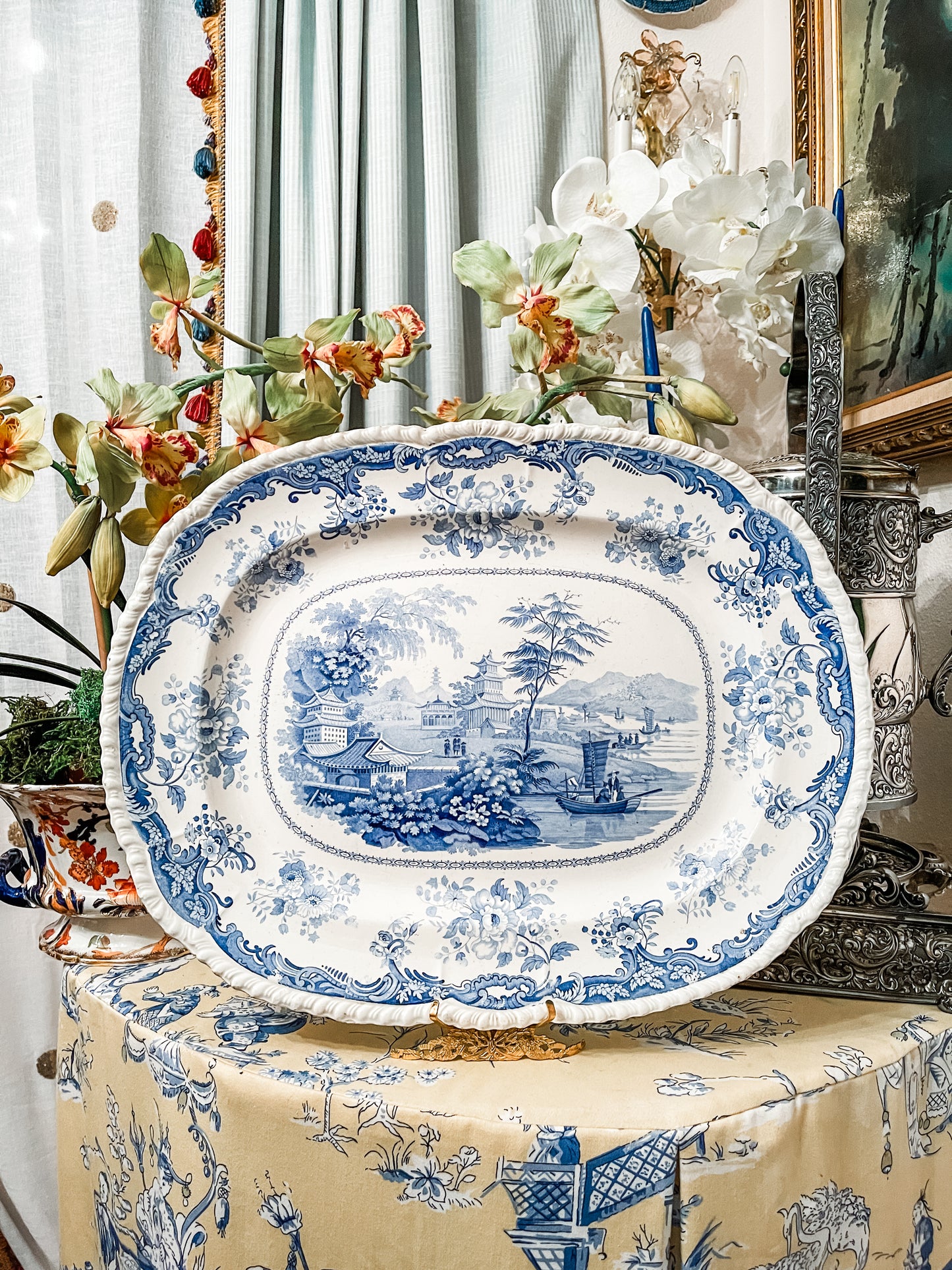 Antique 19th Century Minton Chinese Marine Opaque Blue and White Chinoiserie Platter, XLARGE