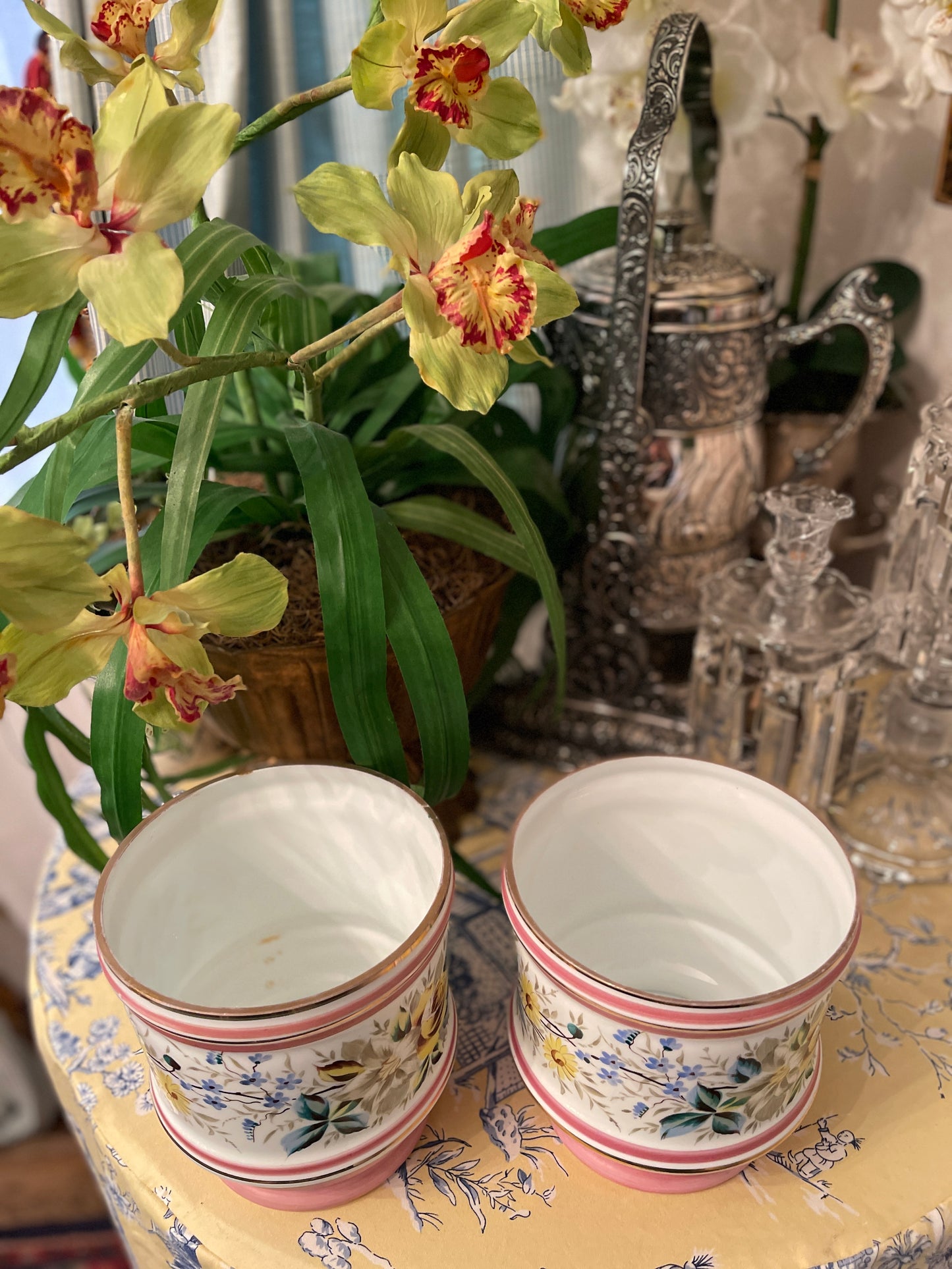 Vintage Porcelain Jardiniere, Pink and White with Hand Painted Flowers and Gilt Detail, Made in Germany, Estate Decor