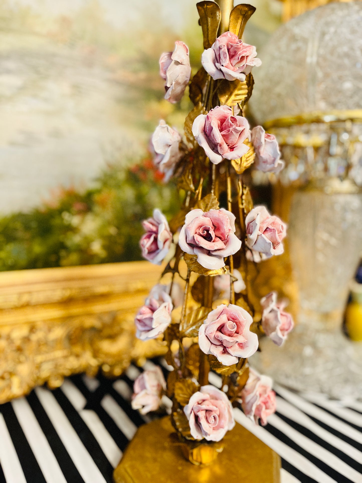 Vintage Italian Gilt Tole Lamp with Pink Porcelain CAPOdimonte Roses