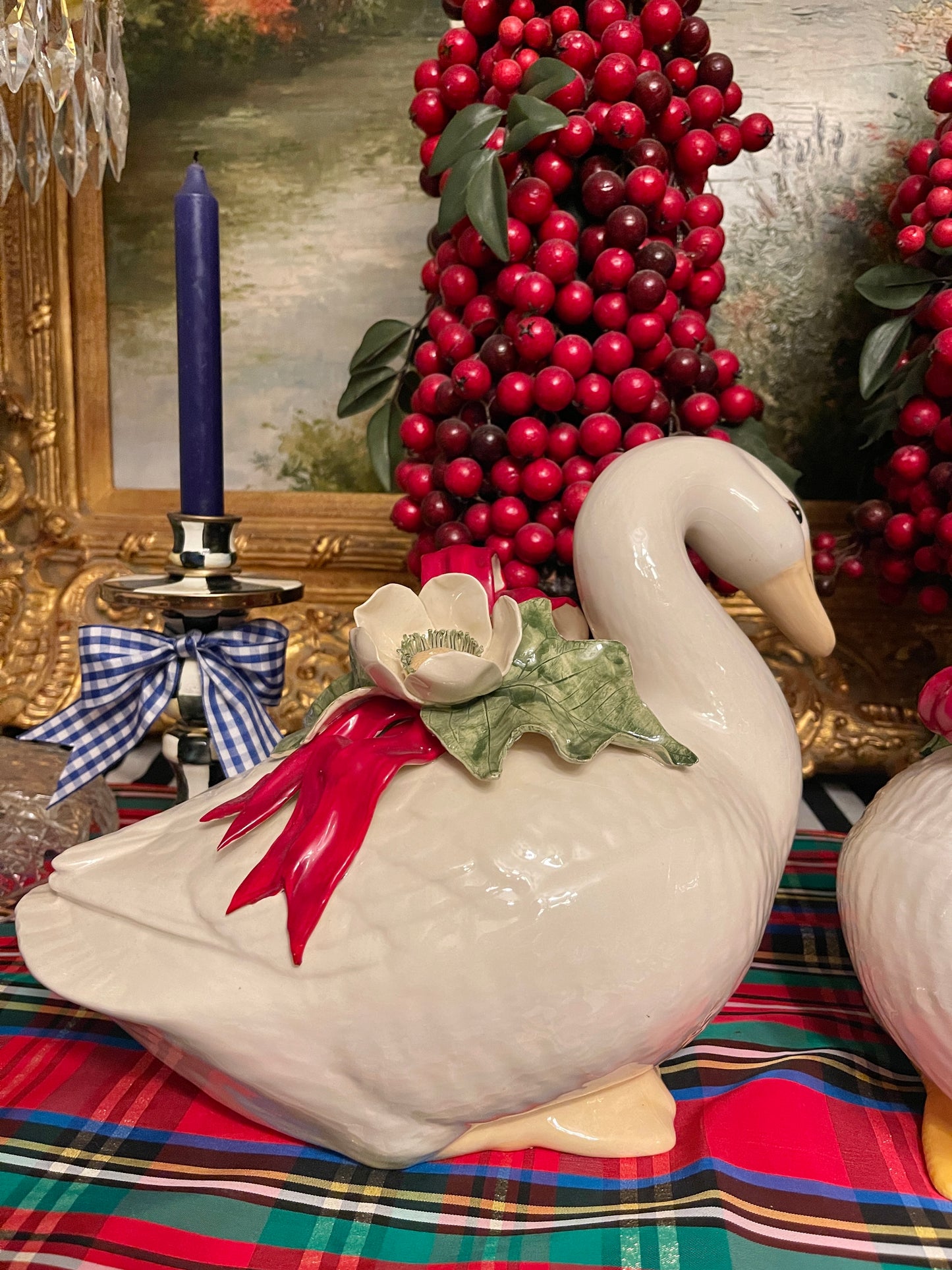Vintage Christmas Geese with White Flowers and Red Bows, Hand Painted