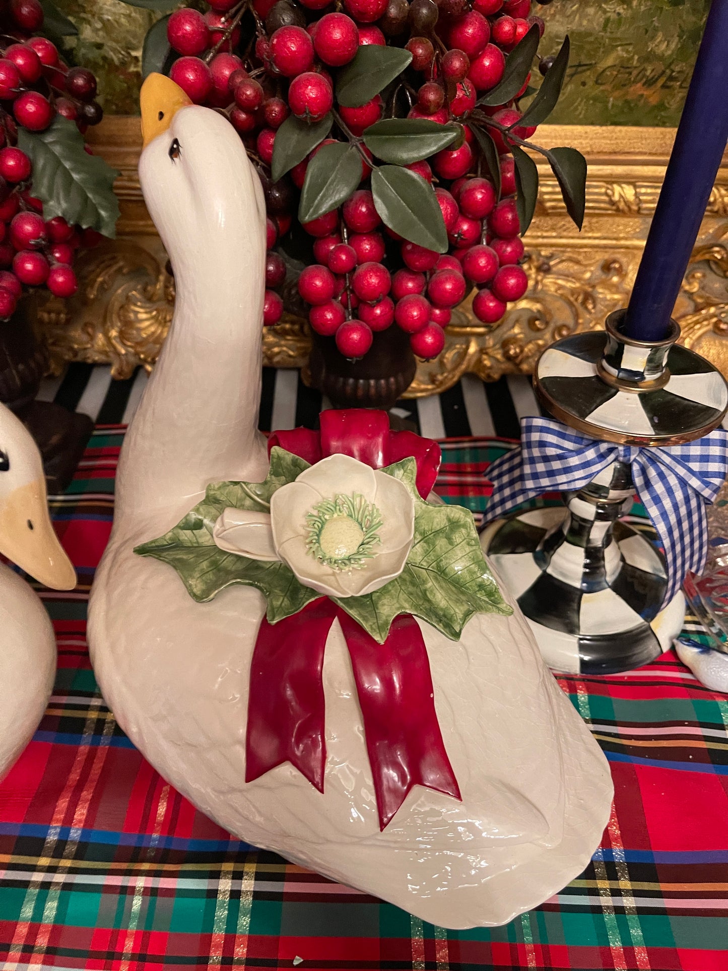 Vintage Christmas Geese with White Flowers and Red Bows, Hand Painted