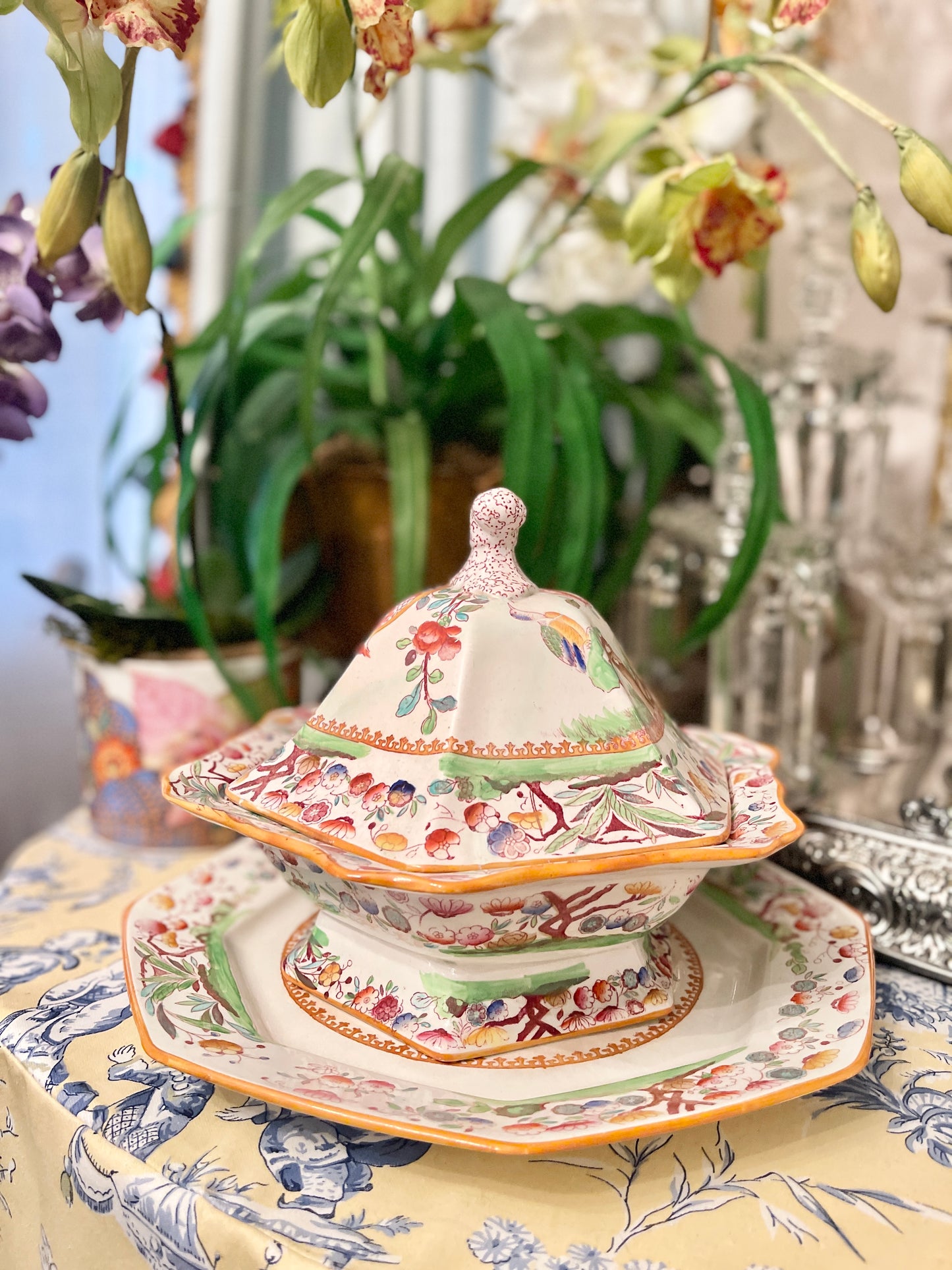 Antique Chinoiserie Birds of
Paradise Lidded Dish and Underplate by Ashworth
Bros. Hanley, Staffordshire England, Mason's Ironstone, Chinoiserie Chic