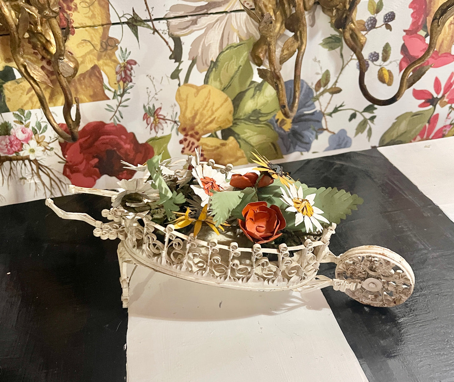Vintage Tole Wheelbarrow with Flowers and Frawns