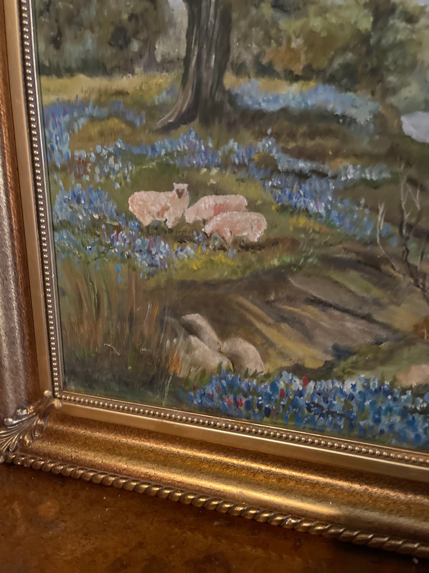 Vintage Texas Hill Country Painting with Bluebonnets and Sheep and Lambs, Artist Signed
