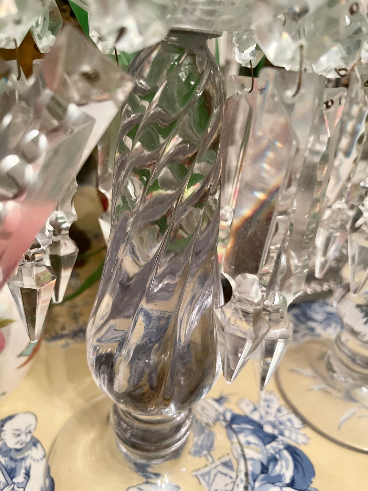 Vintage Fostoria candlesticks with blush pink votives with lusters and long prisms. This pair is truly stunning!