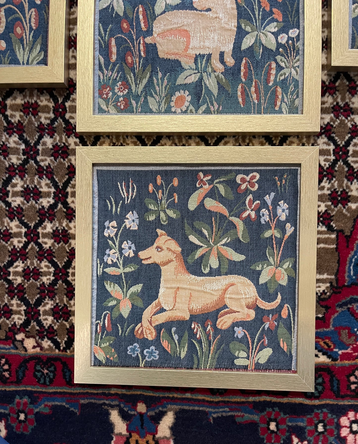 Vintage French Medieval Style Tapestry with Dog, Framed