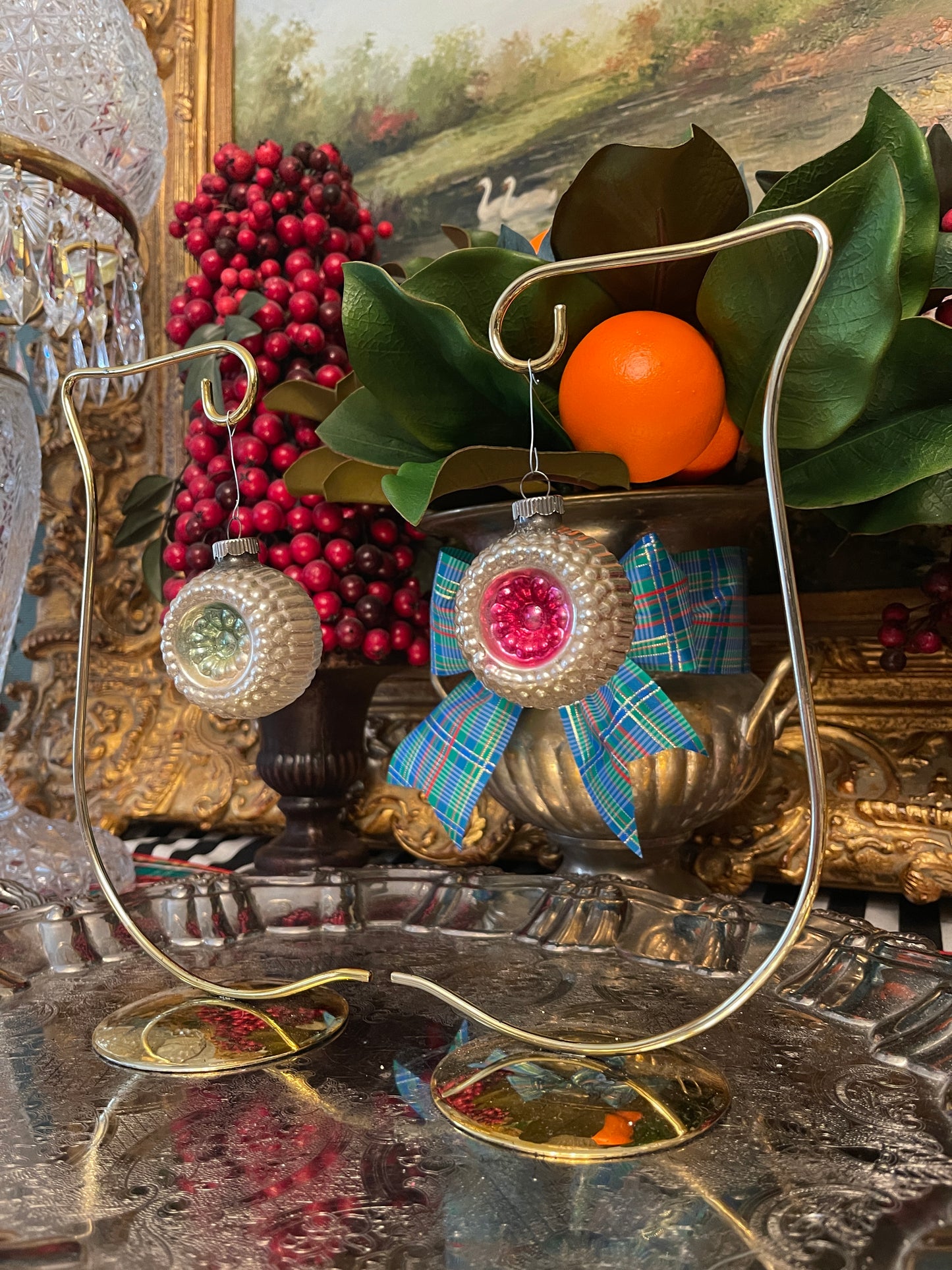 Vintage Shiny Brite Pair with Pink and Teal Centers